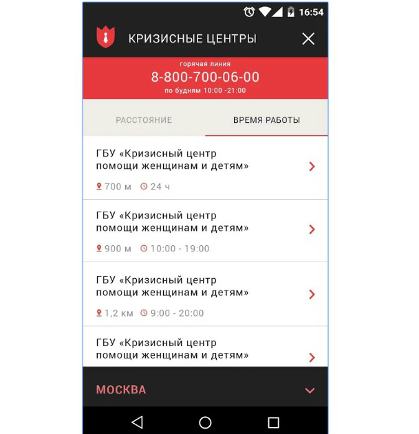 Приложение содержит базу данных кризисных центров России